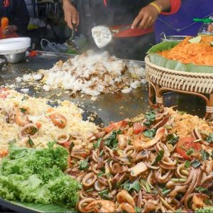 Thailand Street Food. Grilled Seafood, Fried Food, Pad Thai. Best Stalls in MBK Square, Bangkok