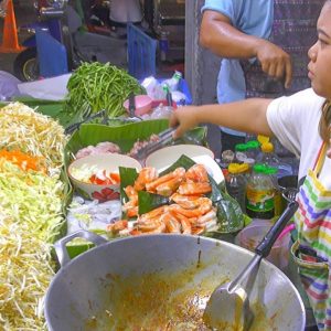 Bangkok Street Food, Soi Rambuttri Night Market. Meat, Fish, Porridge and more Food. Thailand