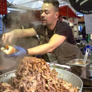 Huge Hot Dogs and Pulled Beef Sandwiches. London Street Food
