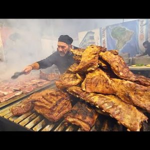 Italy Street Food Event. Epic Argentinian Grill of Mixed Meat, Kielbasa, Burritos, Paella and More