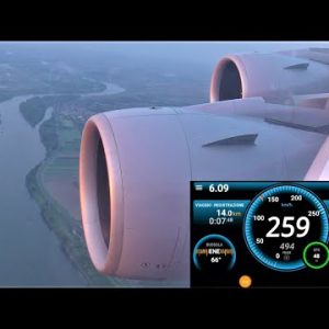 Speed and Altitude Recording. Airbus A380-800 (388) Landing in Frankfurt